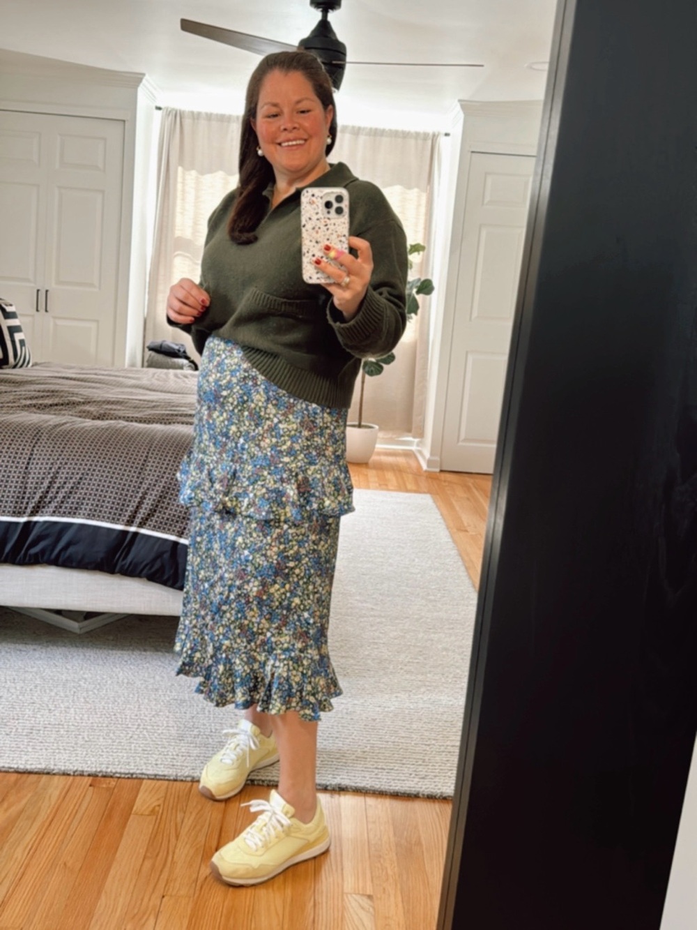 Boden Blue Floral Ruffle Midi Skirt